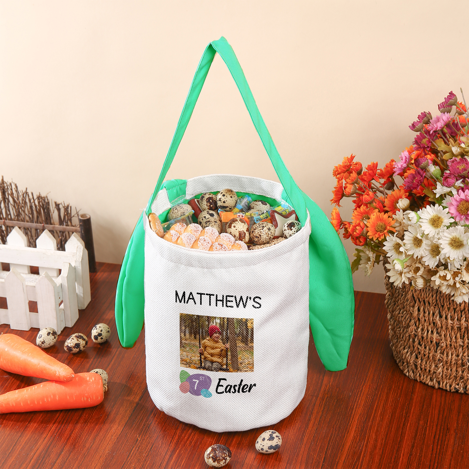 Personalised Photo Bunny Tote Bag Custom Name & Text & Number Bucket Bag Bunny Basket Easter Gifts-Jessemade AU