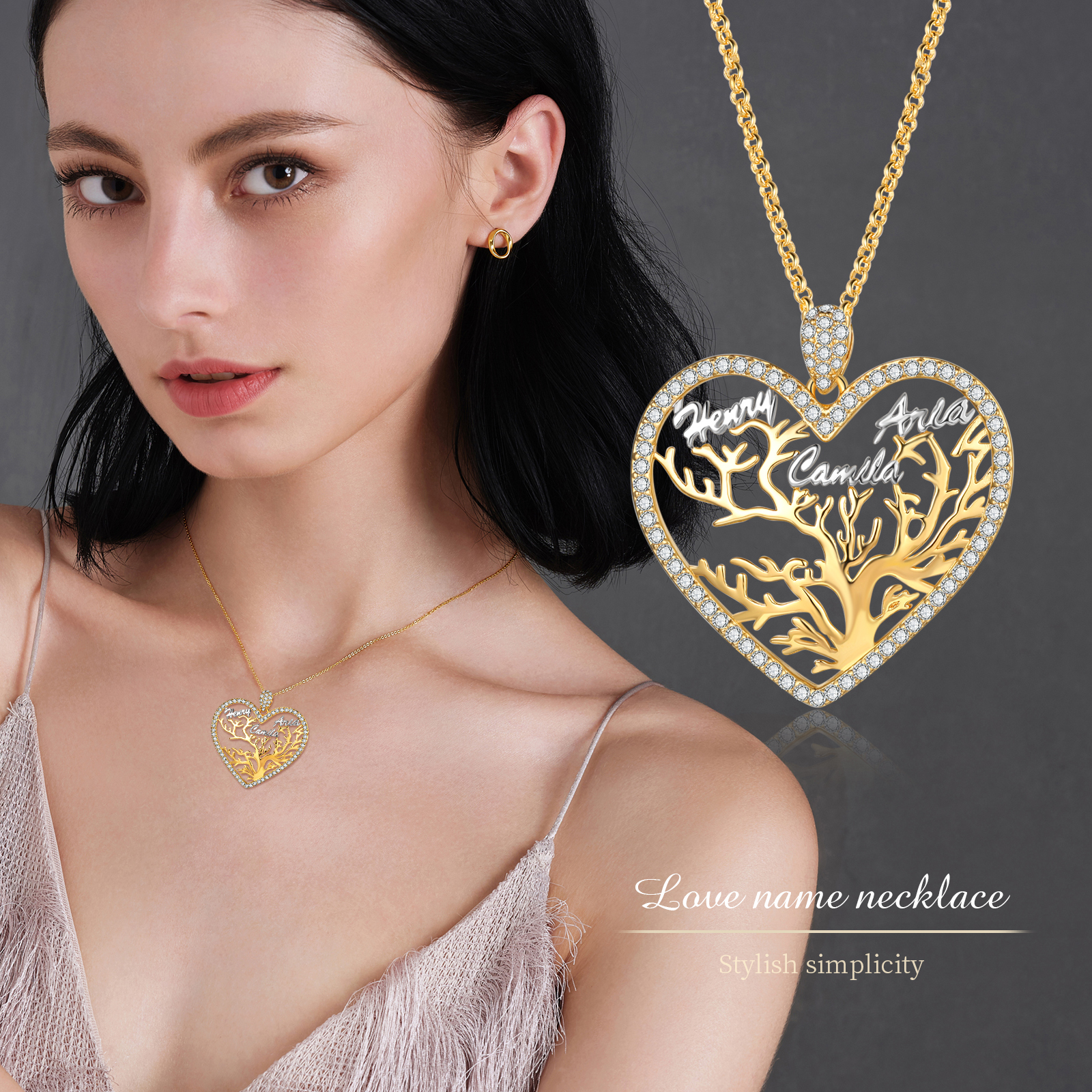 Personalised Family Tree Necklace Custom 3 Names Heart Necklace Gift For Mother-Jessemade AU