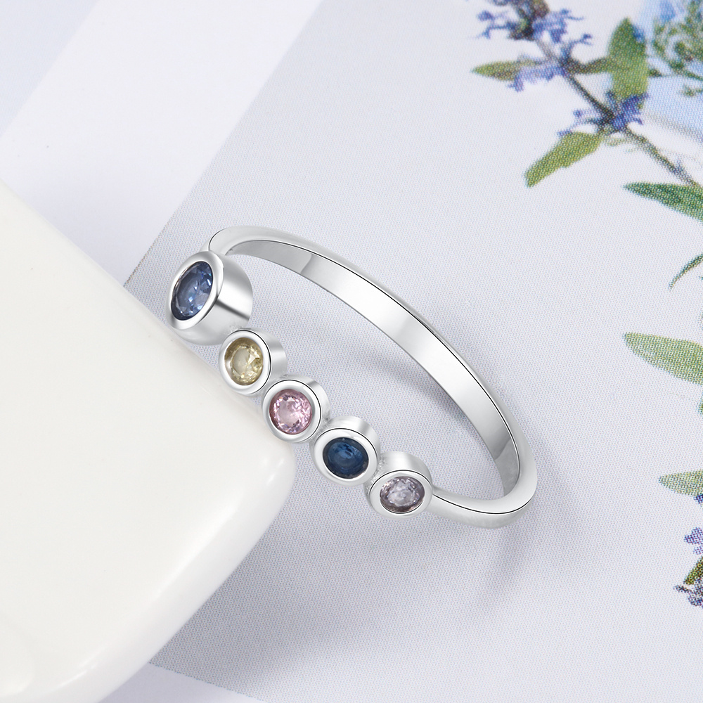 S925 Silver Ring Personalised 3-5 Birthstones Family Ring With Names Gifts For Her-Jessemade AU