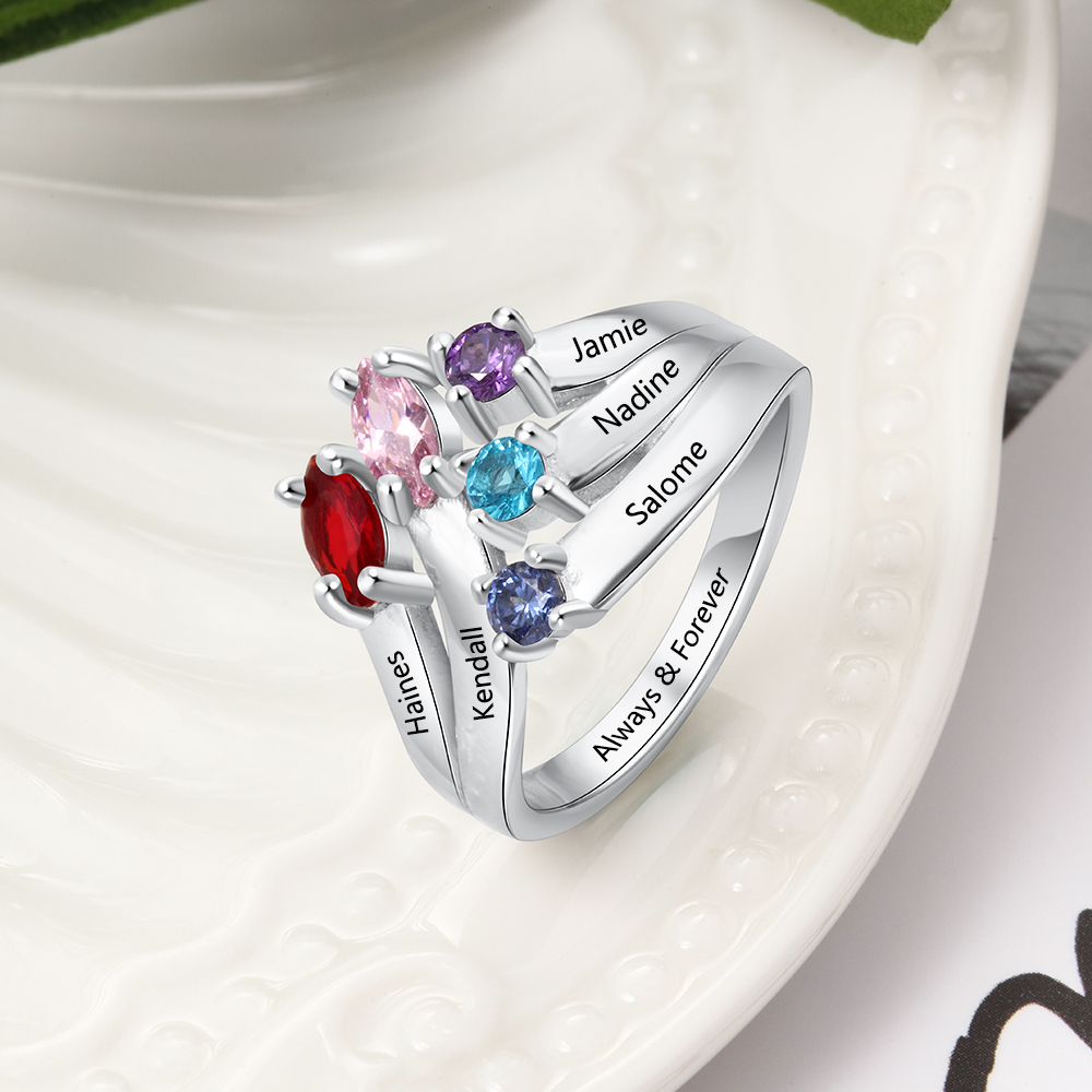 Mother's Day Family Ring Personalised 5 Birthstones Ring With Names Gifts for Her-Jessemade AU