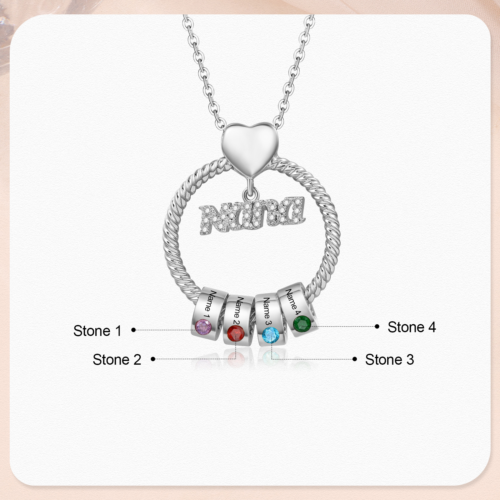 4 Names - Personalised Nana Necklace Custom Names & Birthstones Circle Pendant Necklace Gift for Grandma Nana-Jessemade AU