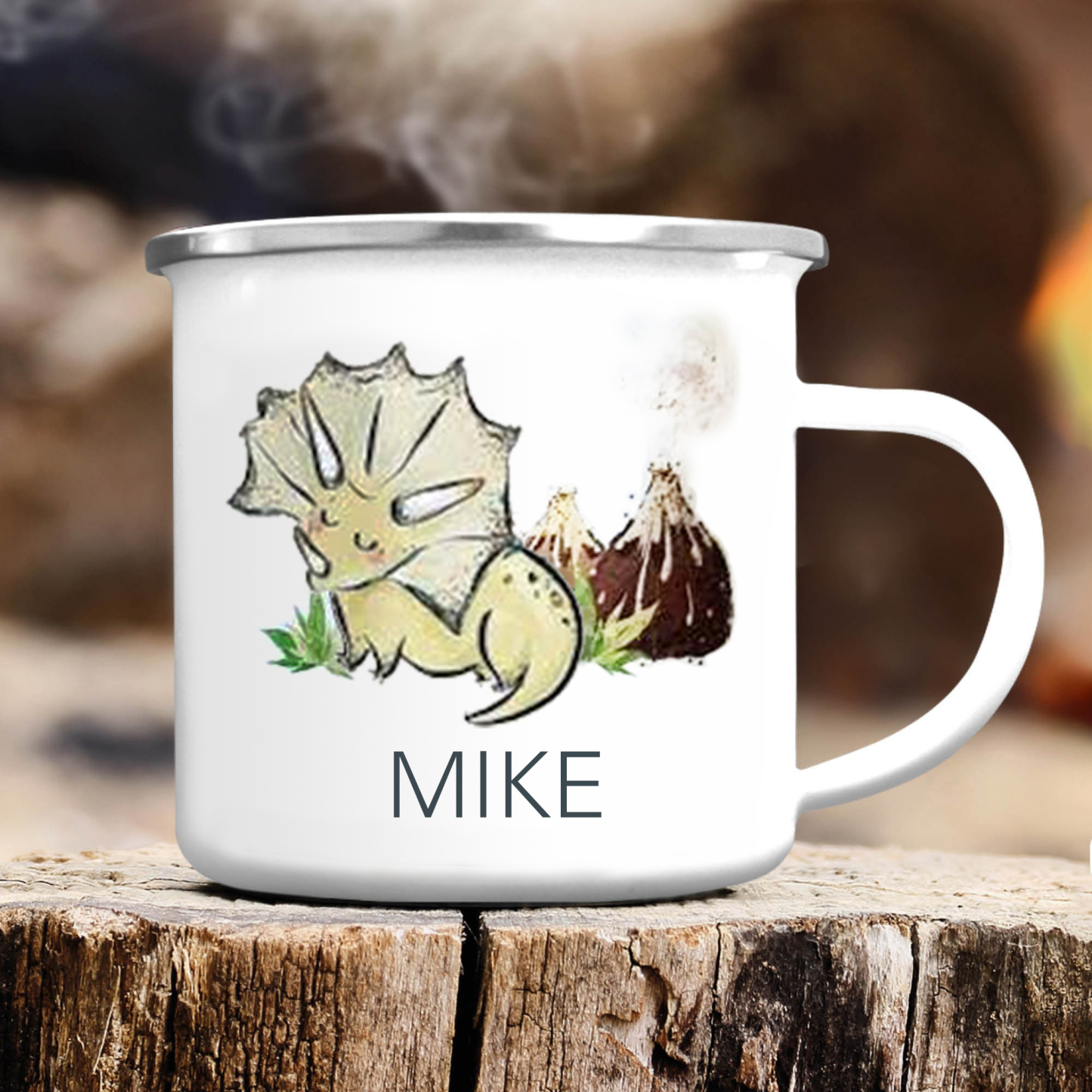 Personalised Enamel Mug Customised Name Dinosaur Cup Camping Mug Birthday Gift for Kids - Triceratops-Jessemade AU