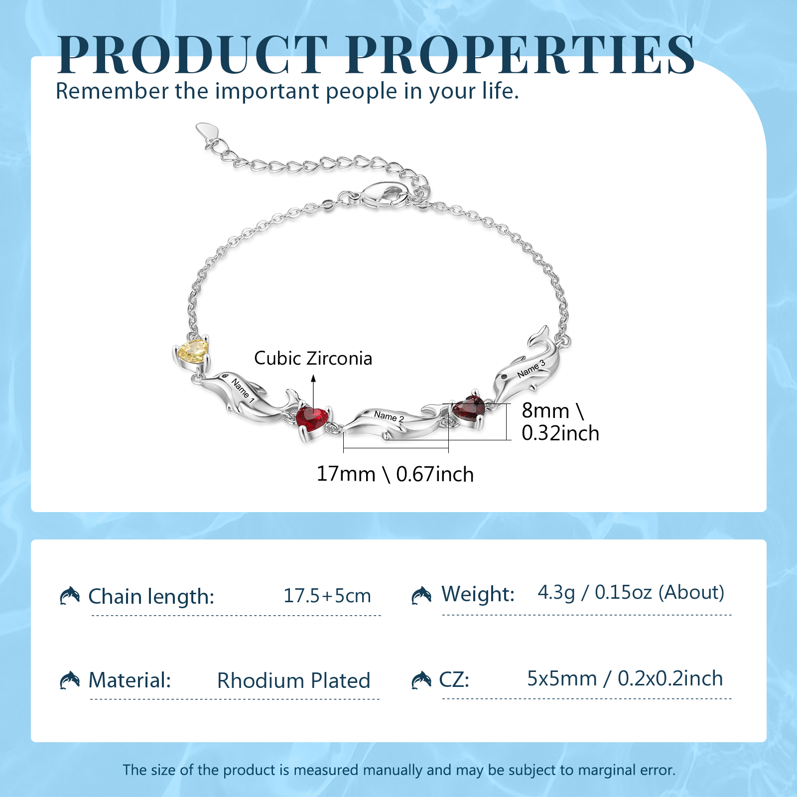 Dolphin Bracelet Personalised 3 Birthstones & 3 Names Women Bracelet-Jessemade AU