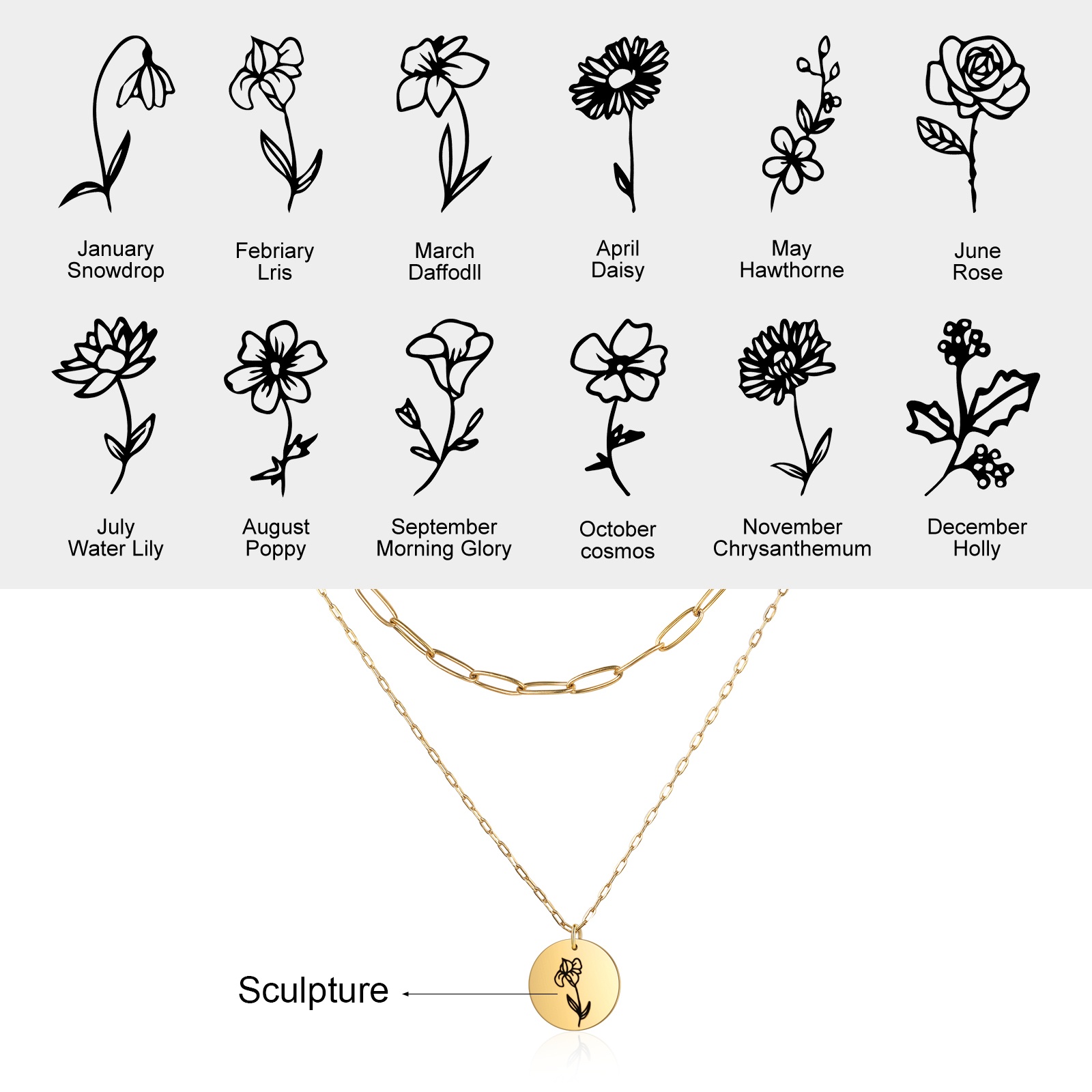 Personalised Double Necklace With 2 Birthflowers Engraved Name Gift For Her-Jessemade AU