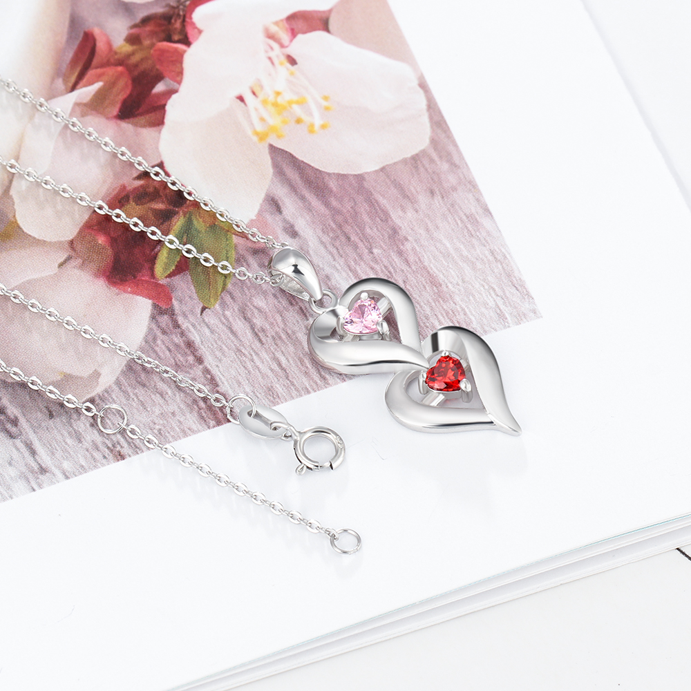 Personalised Heart Necklace With 2 Birthstones Engraved Names Necklace Gift For Women-Jessemade AU