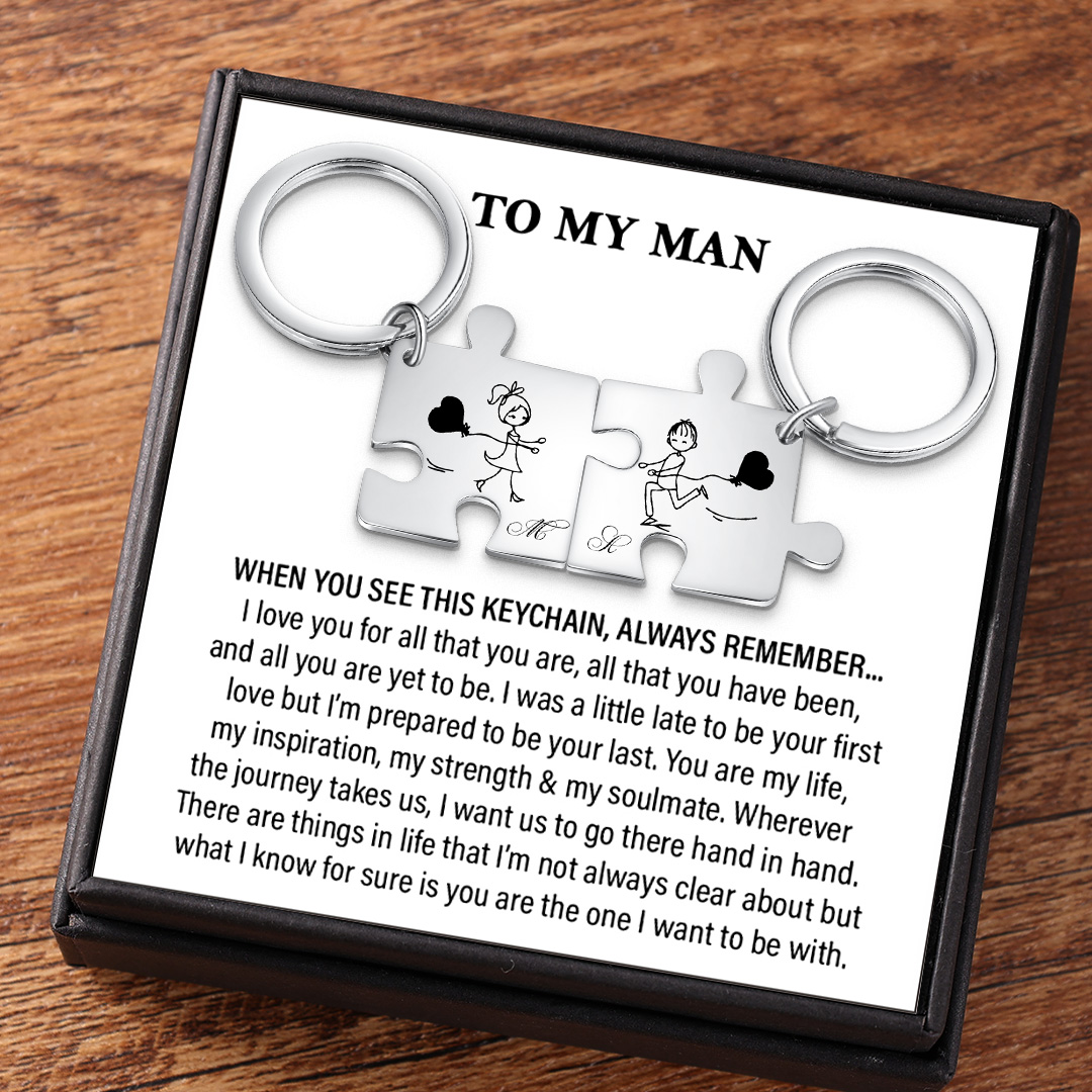 Personalised Puzzle Couple Keychain Set Customised 2 Letters Keyring Line Art Matching Couple Gifts-Jessemade AU