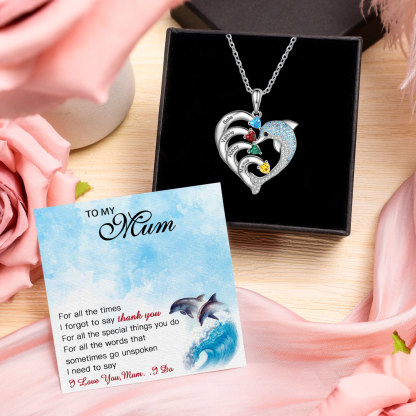 Personalised Heart Dolphin Necklace With 4 Birthstones Engraved Names Gift For Mum-Jessemade AU