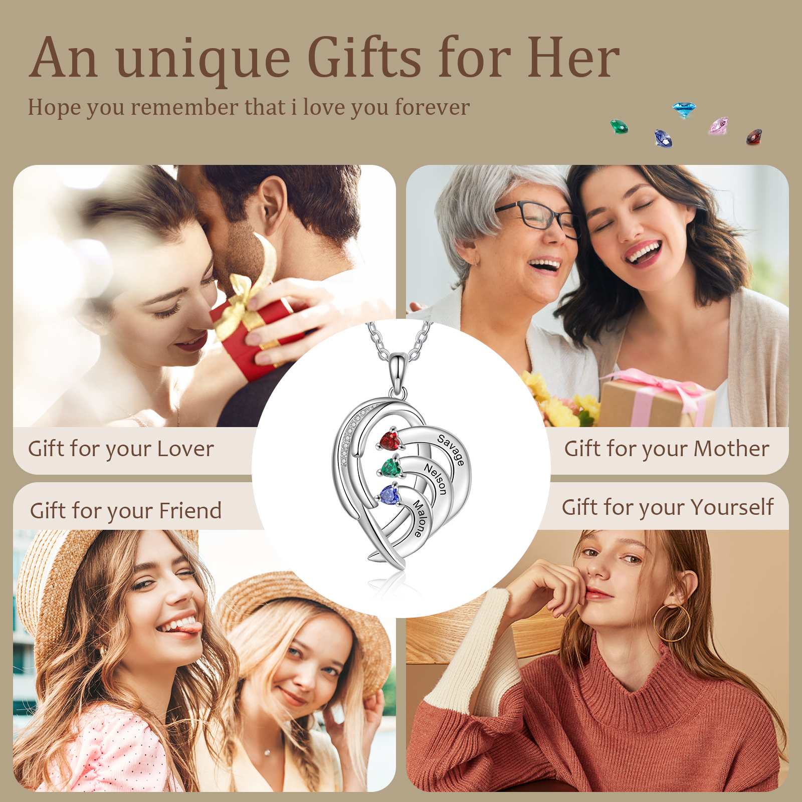 Personalised Heart Wings Necklace With 3 Birthstones Custom Names Necklace Gift For Her-Jessemade AU