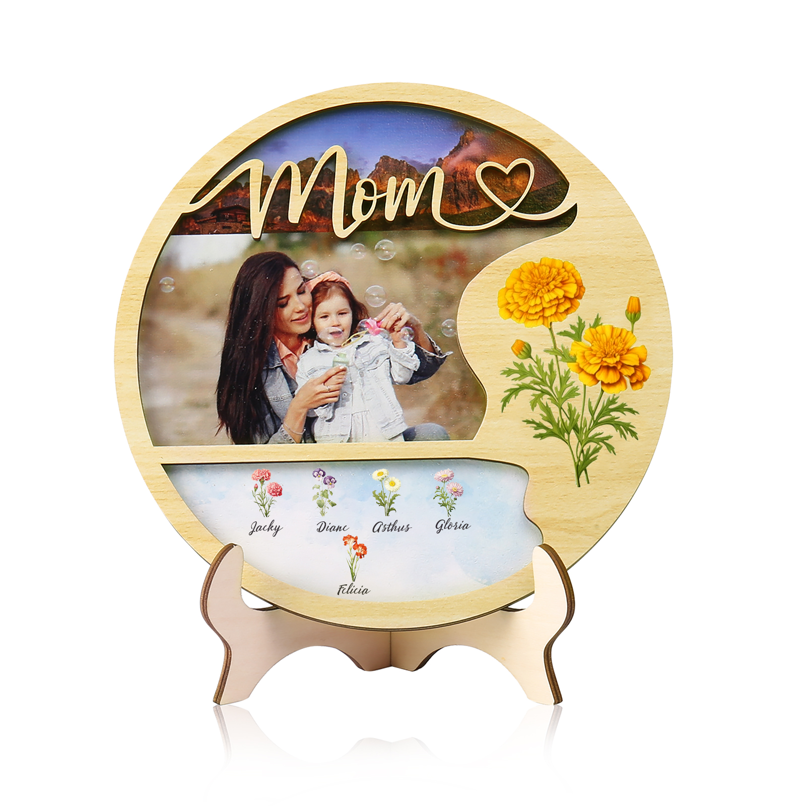 Personalised Photo & Text Wooden Plaque Custom 6 Birth Flowers & 5 Names Wooden Sign With Stand Gifts for Mum/Nana-Jessemade AU