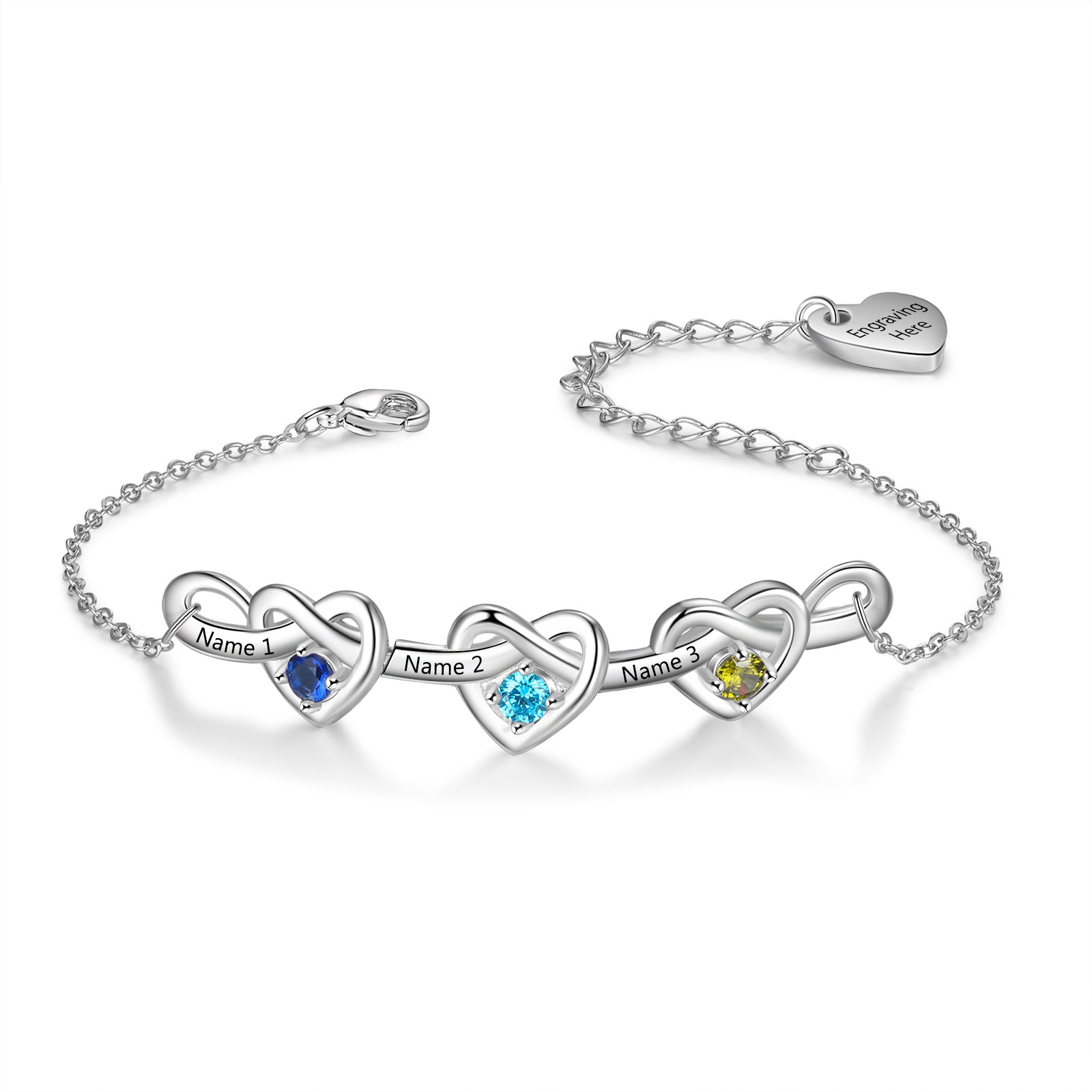 3 Names - Personalised Linked Heart Bracelet Custom 3 Birthstones Engraved Text Bracelets-Jessemade AU