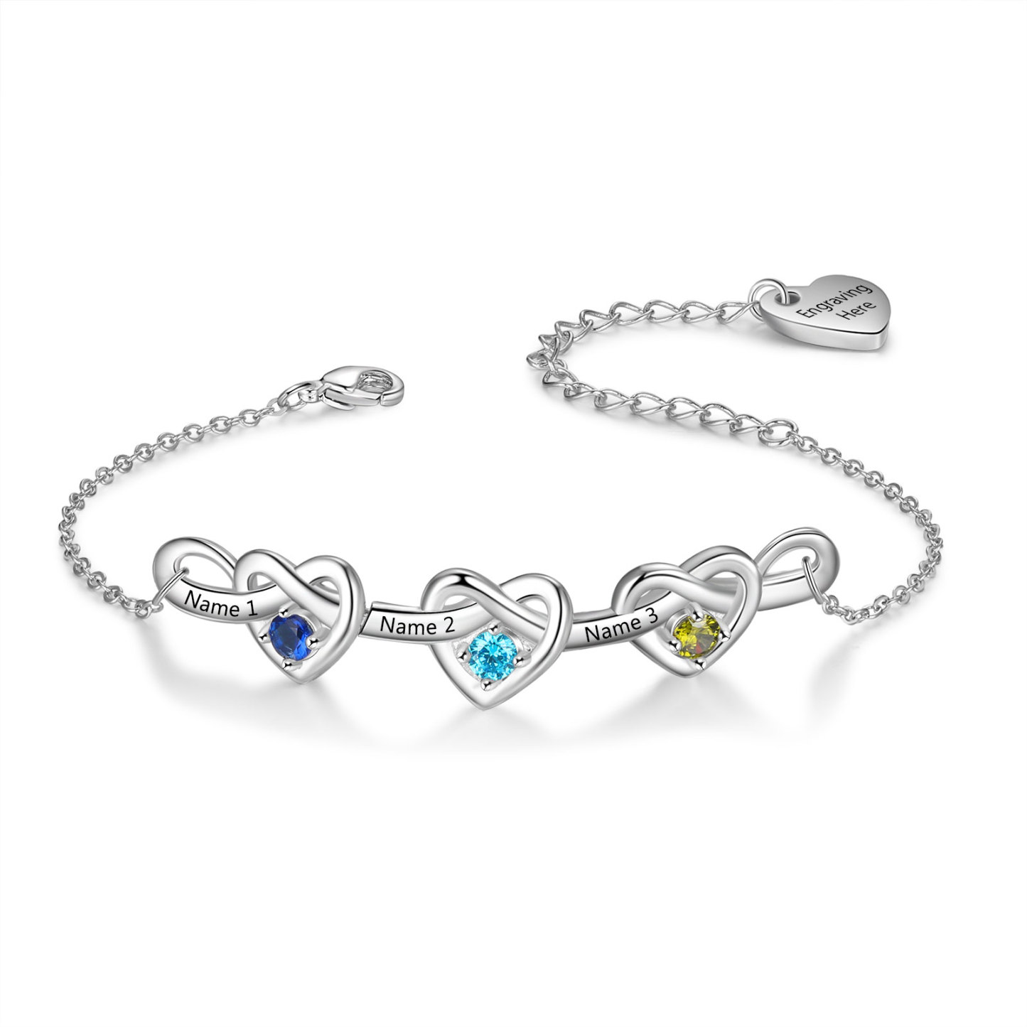 3 Names - Personalised Linked Heart Bracelet Custom 3 Birthstones Engraved Text Bracelets-Jessemade AU