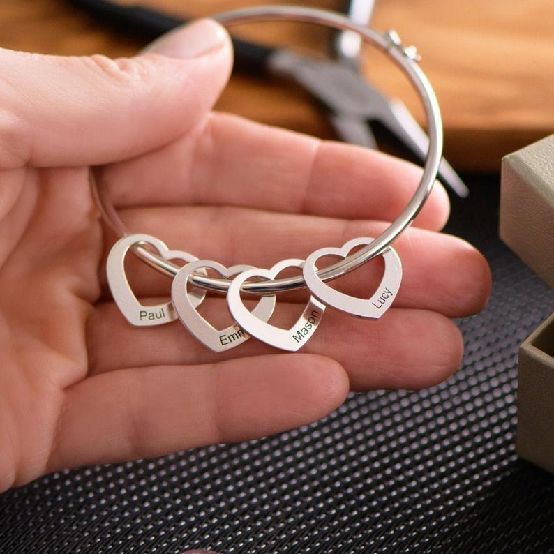 Personalised Love Bangle Bracelet with 4 Heart Charms Engraved 4 Names Bracelet for Her-Jessemade AU