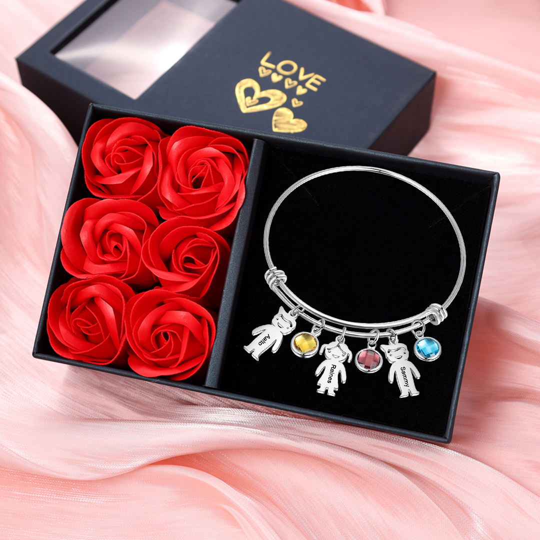 Women Bangle Bracelet with Kids Charms 3 Birthstones Engraved 3 Names Rose Box Set