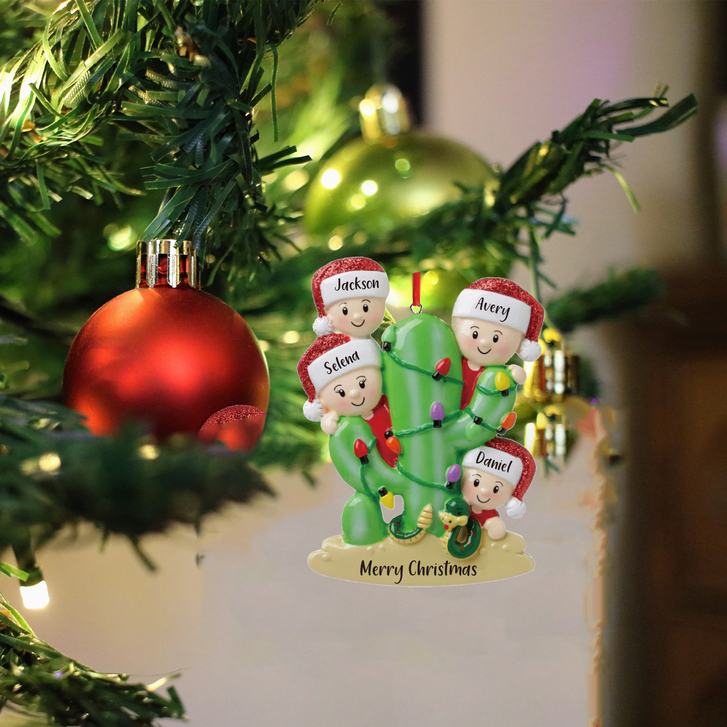 4 Names - Personalised Cactus Ornament Customised Name & Text Christmas Tree Wooden Decor Gift for Family and Friends-Jessemade AU