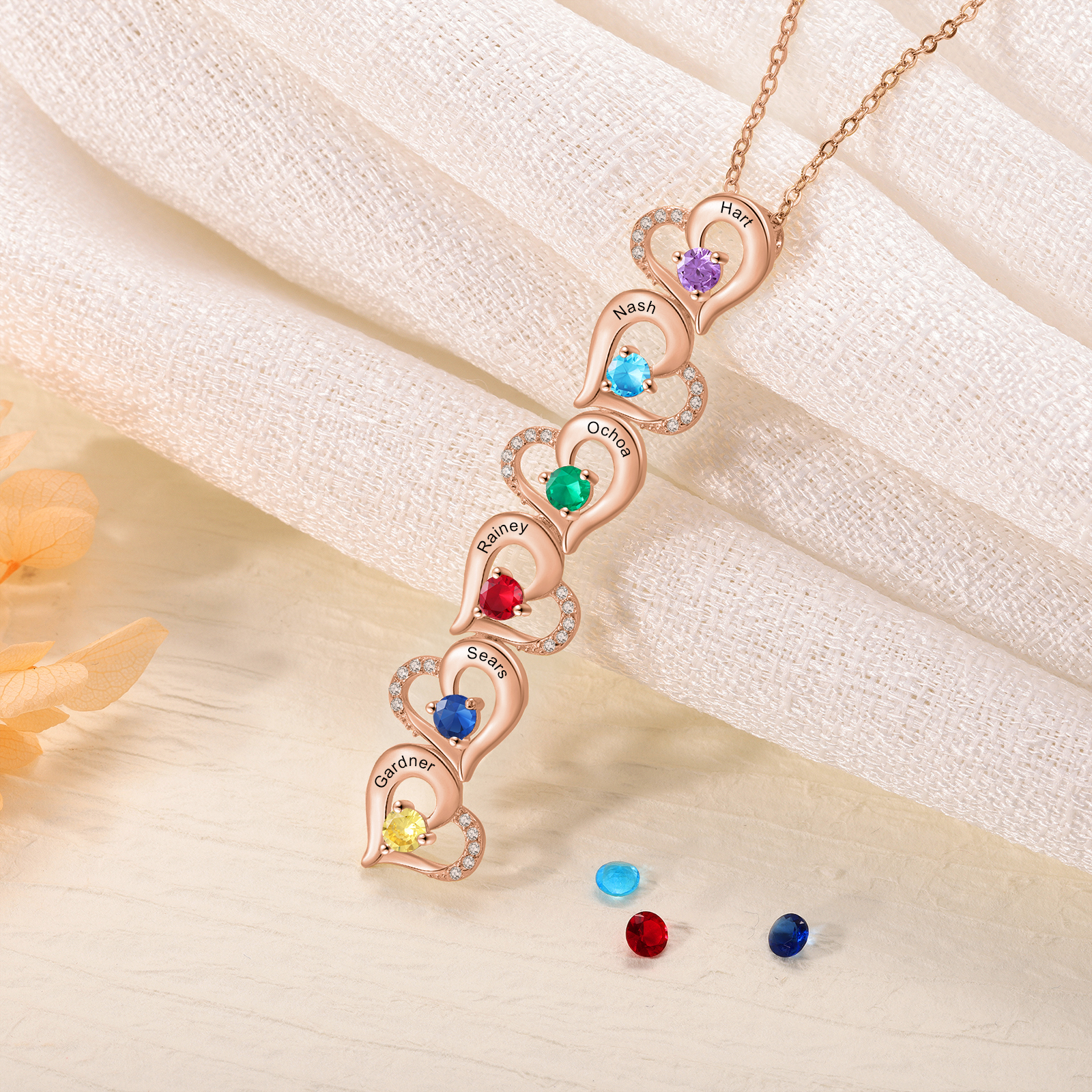 6 Names - Personalised Heart Pendant Necklace Custom Birthstones & Names Necklace Birthday Gift for Her -Jessemade AU