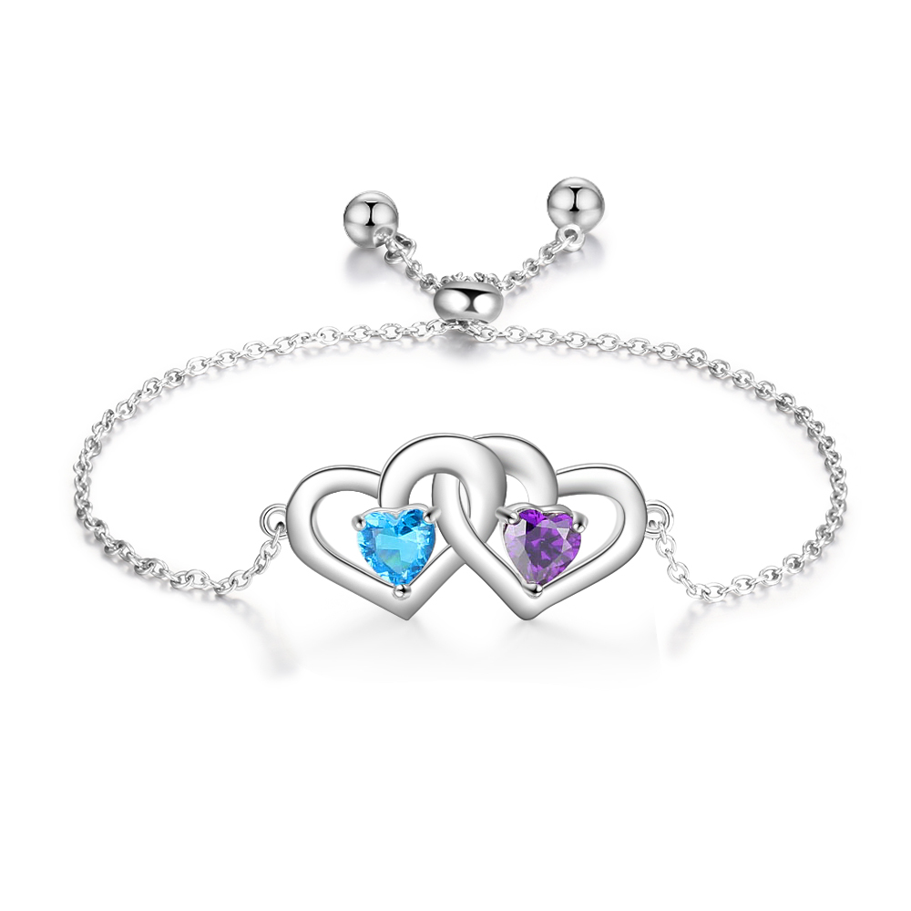 Personalised Heart Bracelet With 2 Birthstones Engraved Names Bracelet Gift For Women-Jessemade AU