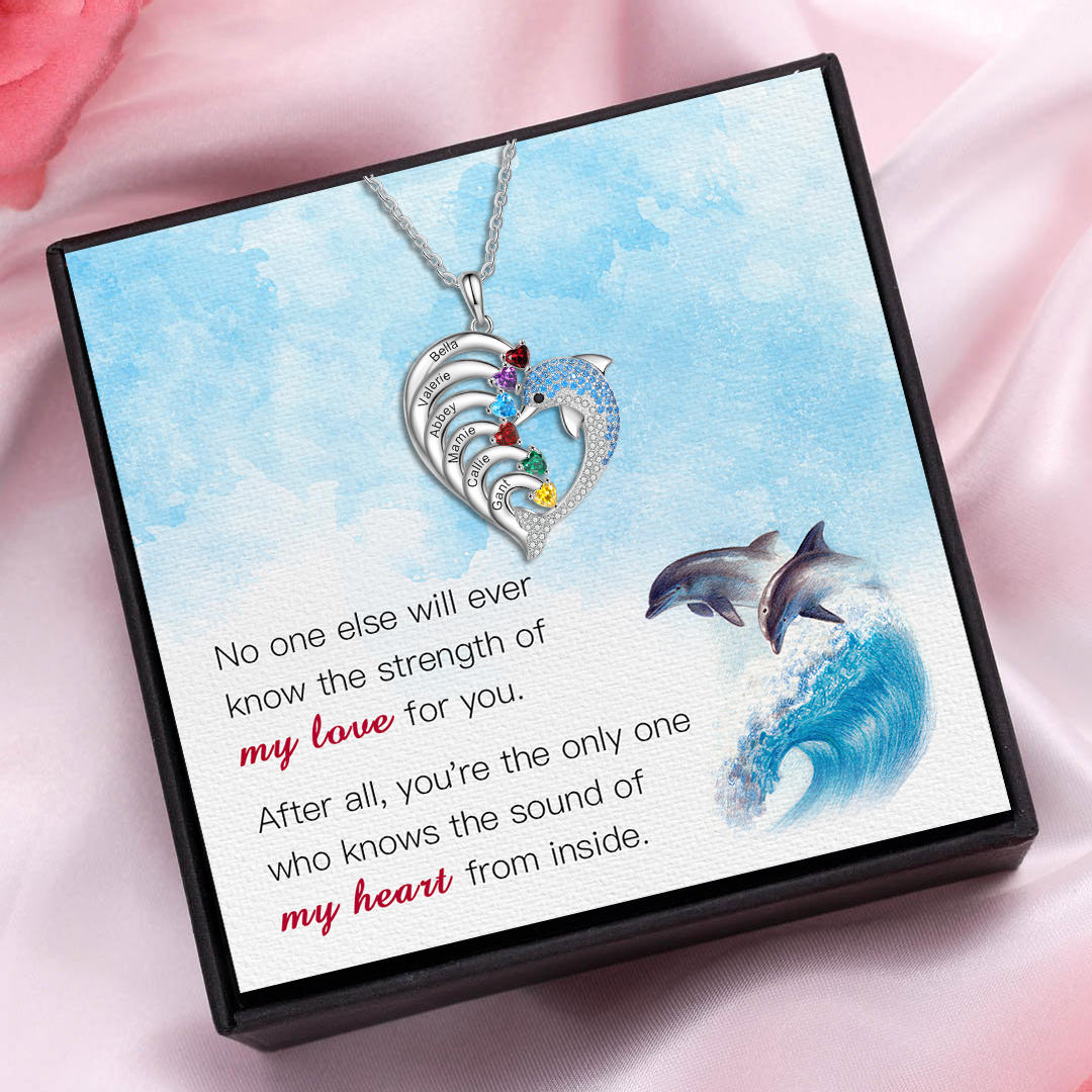 Personalised Heart Dolphin Necklace With 6 Birthstones Engraved Names Gift For Her-Jessemade AU