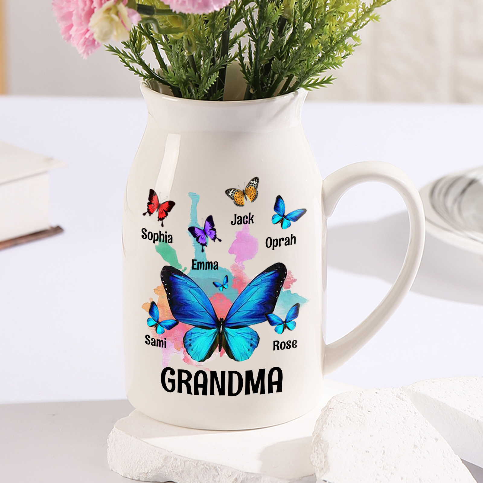 Personalised Ceramic Flower Vase Custom 2–8 Names & 1 Text Colourful Butterfly Vase Gift for Mother/Grandma-Jessemade AU