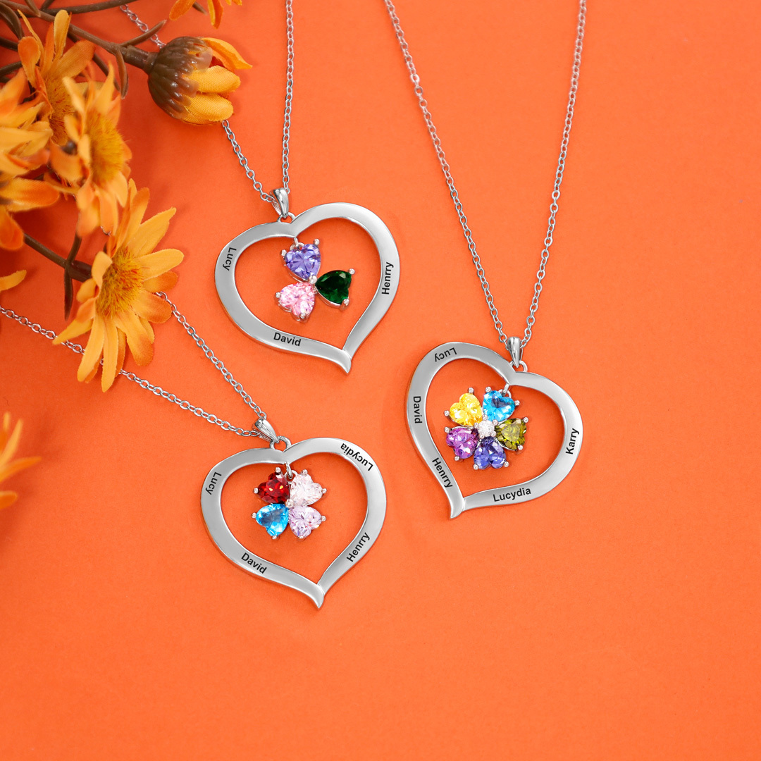 Personalised Heart Pendant Necklace with 4 Birthstones Engraved Names Family Necklace Gifts for Her-Jessemade AU