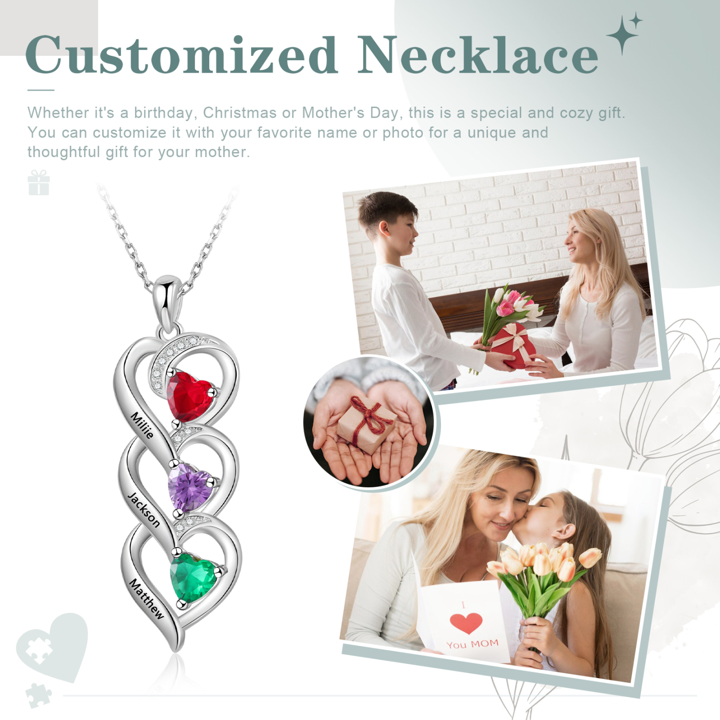 Personalised 3 Birthstones & 3 Names Necklace Custom Heart Pendant Necklace Gifts for Her-Jessemade AU