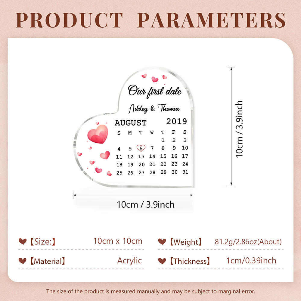 Couple Acrylic Heart Keepsake Custom 2 Names & Date & Text Calendar Ornament Valentine's Day Gift - Our First Date-Jessemade AU