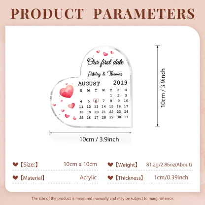 Couple Acrylic Heart Keepsake Custom 2 Names & Date & Text Calendar Ornament Valentine's Day Gift - Our First Date-Jessemade AU