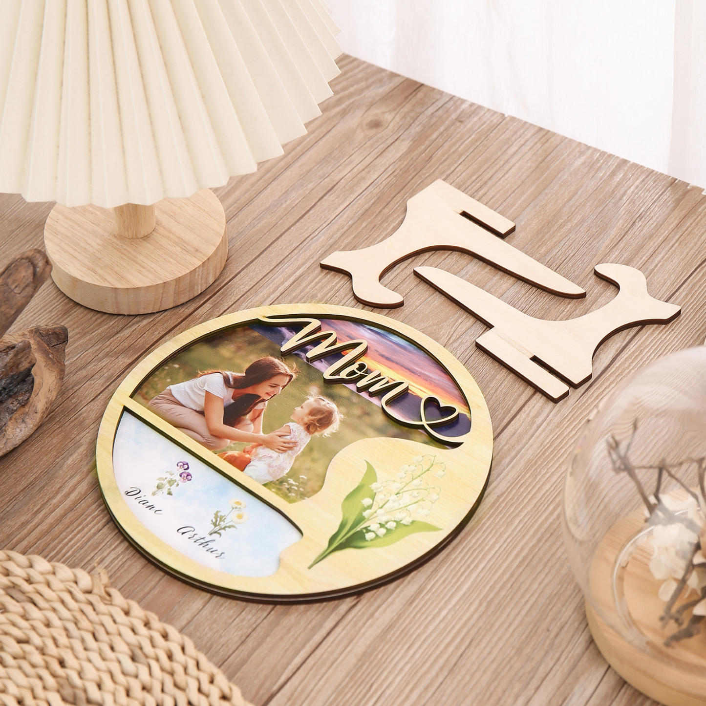 Personalised Photo & Text Wooden Plaque Custom 3 Birth Flowers & 2 Names Wooden Sign With Stand Gifts for Mum/Nana-Jessemade AU