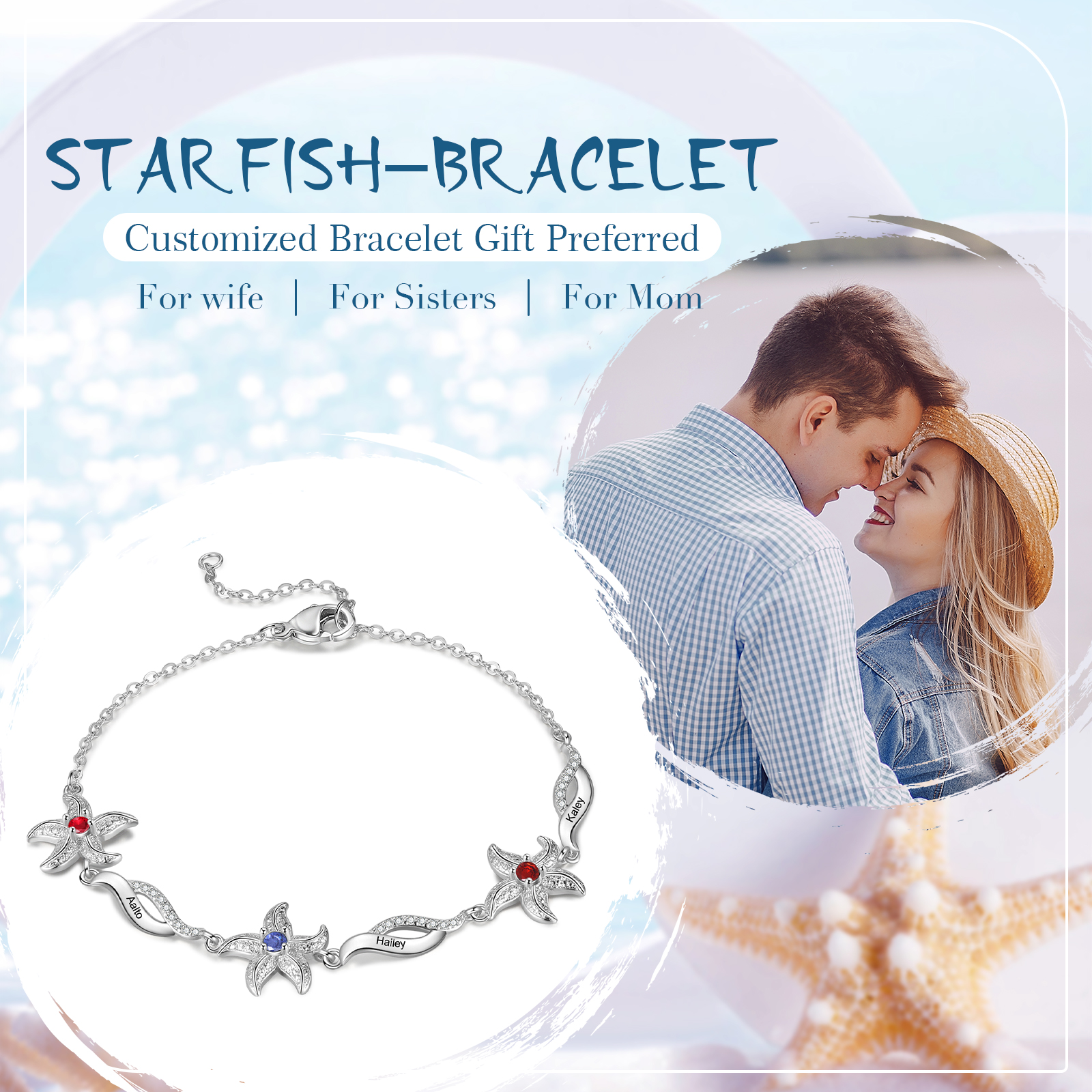 Personalised Women's Bracelet Custom 3 Birthstones Bracelet Starfish Adjustable Bracelet Mother's Day Gift for Her-Jessemade AU