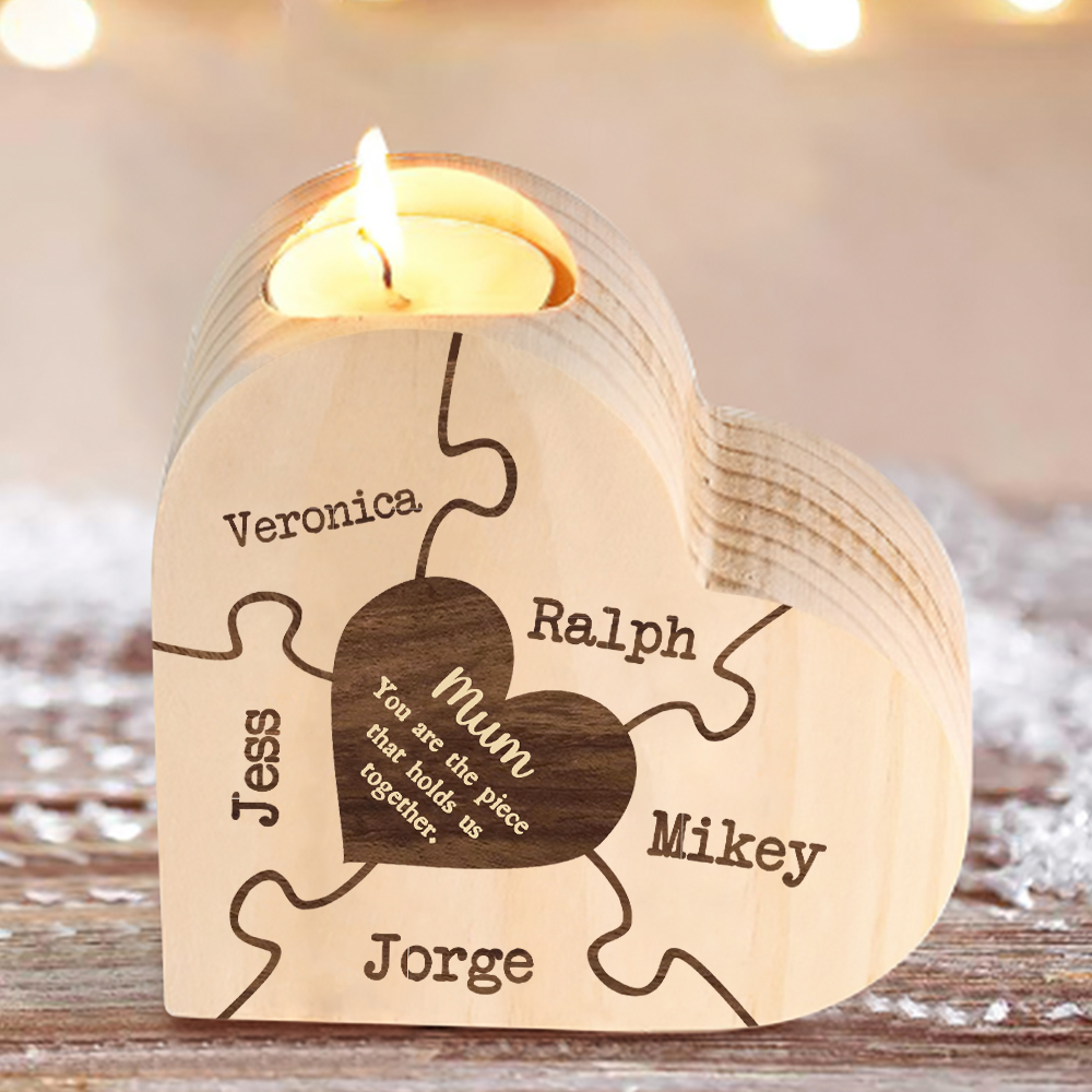 To My Mum Personalised 5 Names Puzzle Candle Holder Wooden Candlestick "You Are The Piece That Holds Us Together"-Jessemade AU
