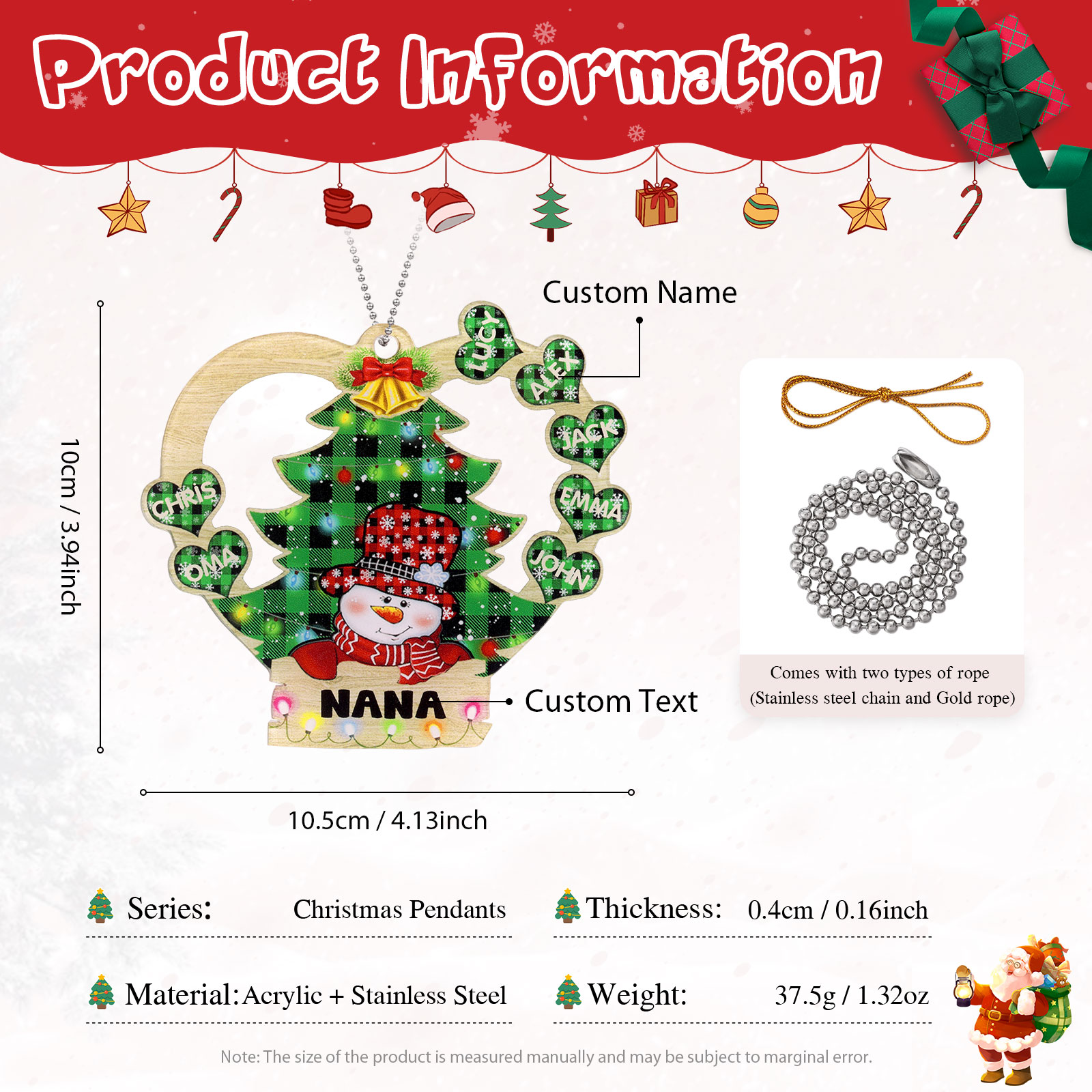7 Names - Personalised Heart Christmas Tree Ornament Customised Name & Text Acrylic Snowman Hanging Ornaments Gift for Family-Jessemade AU