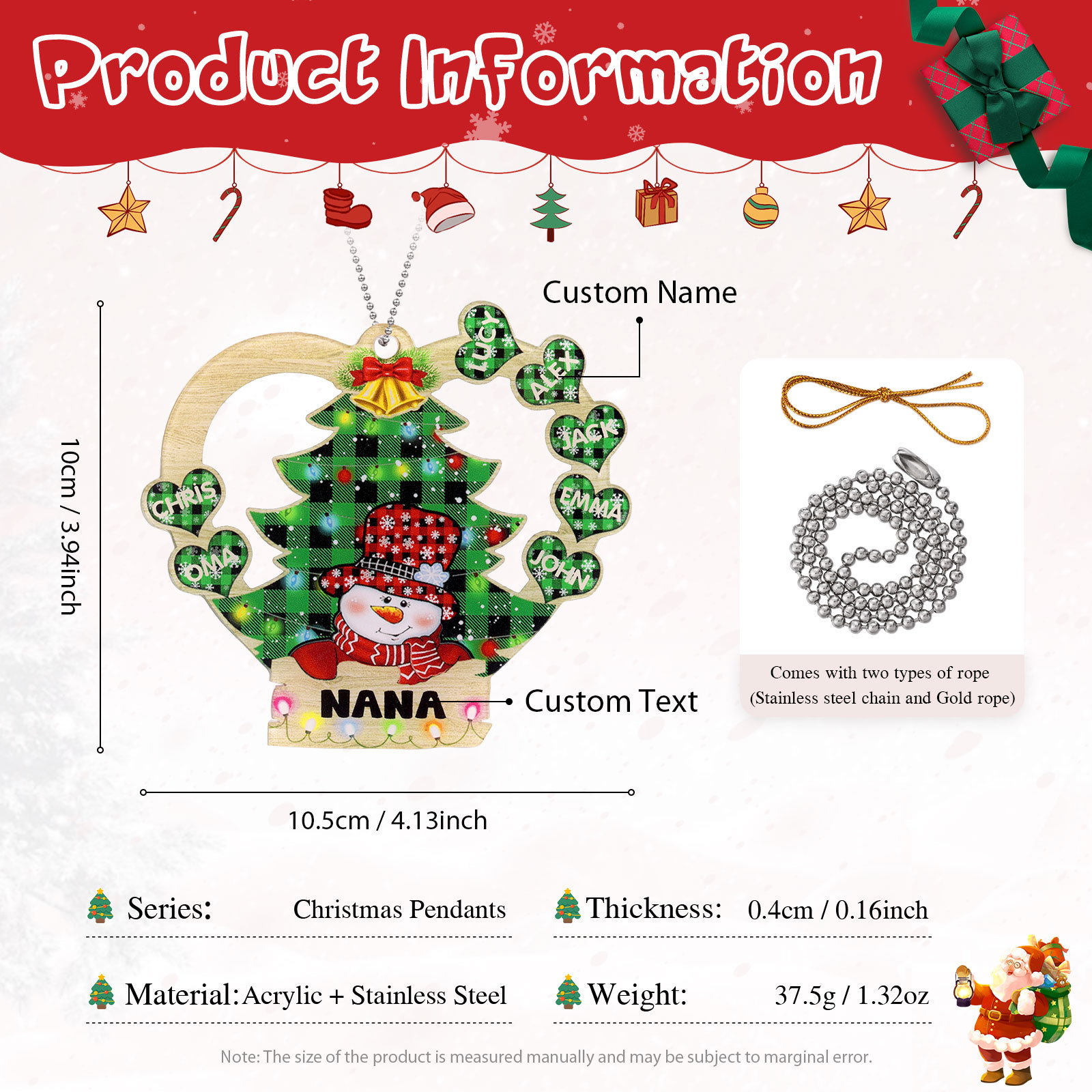 7 Names - Personalised Heart Christmas Tree Ornament Customised Name & Text Acrylic Snowman Hanging Ornaments Gift for Family-Jessemade AU