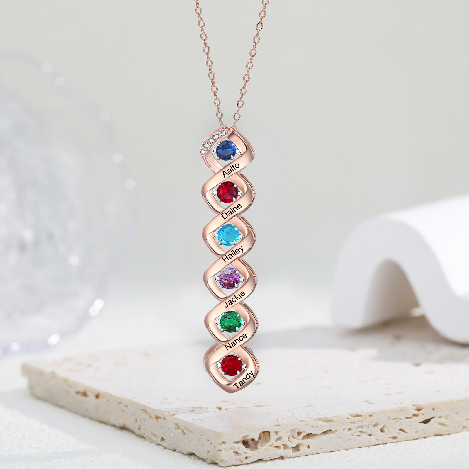 Custom Family Necklace with 6 Birthstones Engraving Names Dancing Stone Necklace-Jessemade AU
