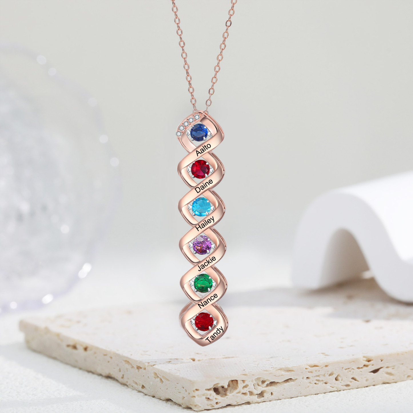 Custom Family Necklace with 6 Birthstones Engraving Names Dancing Stone Necklace-Jessemade AU