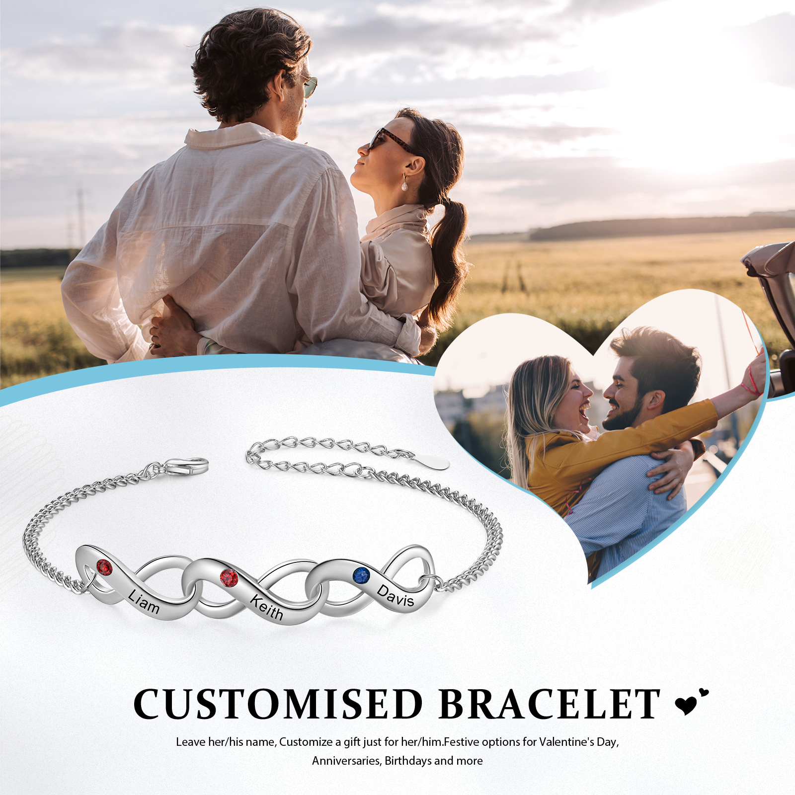 Personalised Infinity Bracelet Custom 3 Birthstones & 3 Names Bracelet Birthday Gift for Her-Jessemade AU