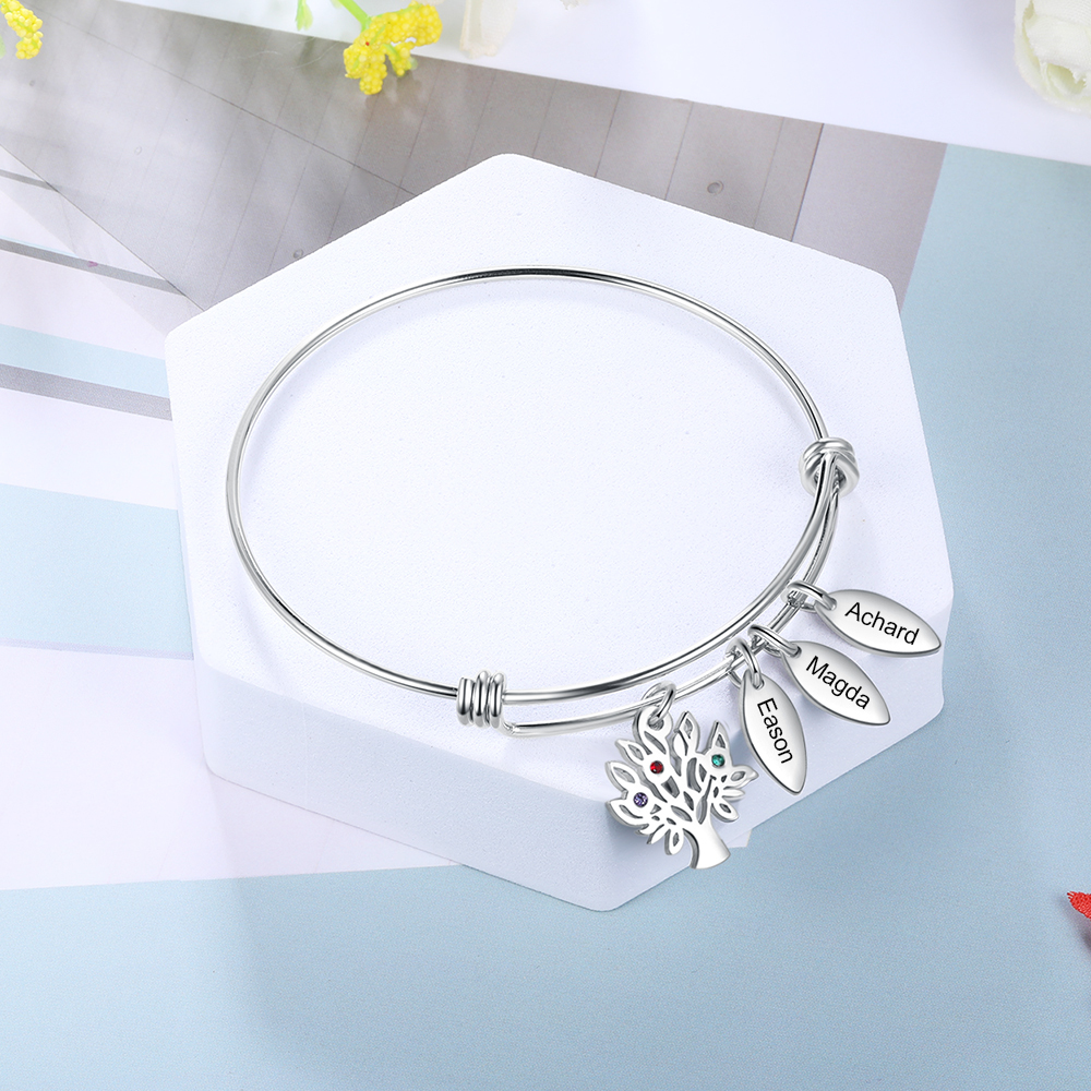 Personalised Family Tree Bracelet with 3 Birthstones Leaf Charms Bangle for Her-Jessemade AU