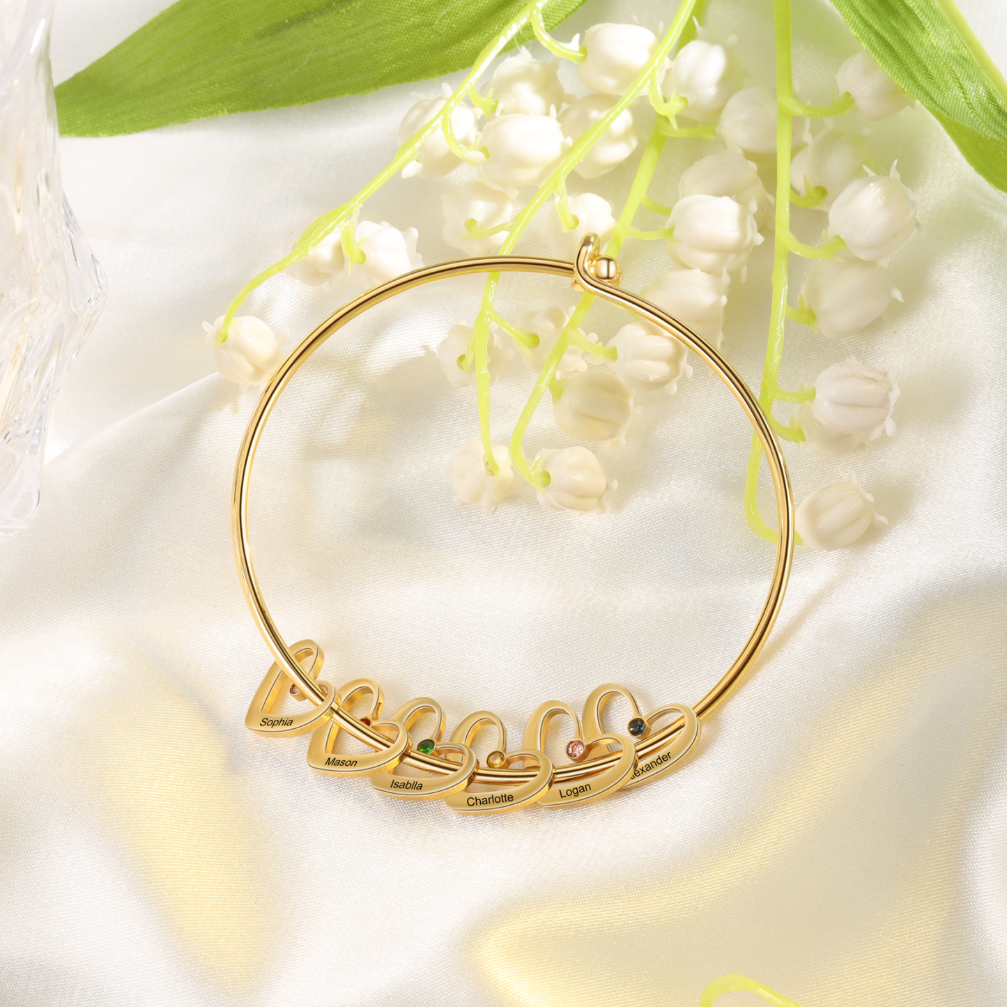 Personalised Heart Bangle With 6 Names and Birthstones Bangle Bracelet Mother's Day Gifts For women-Jessemade AU