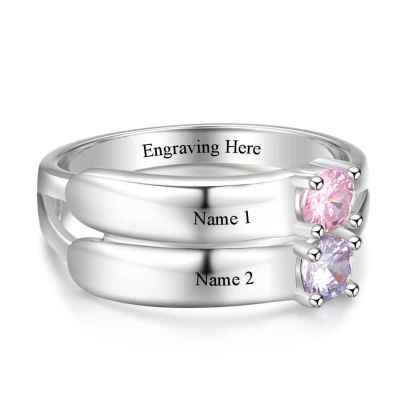 S925 Silver Ring Personalised 2 Birthstones Promise Ring With Names Gifts For Her-Jessemade AU