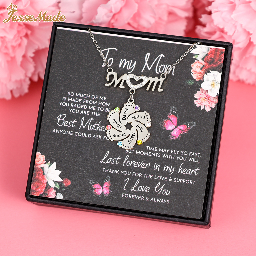 Mom Necklace Customised Baby Feet Necklace with Birthstones Engraving 8 Names Gifts for Her-Jessemade AU