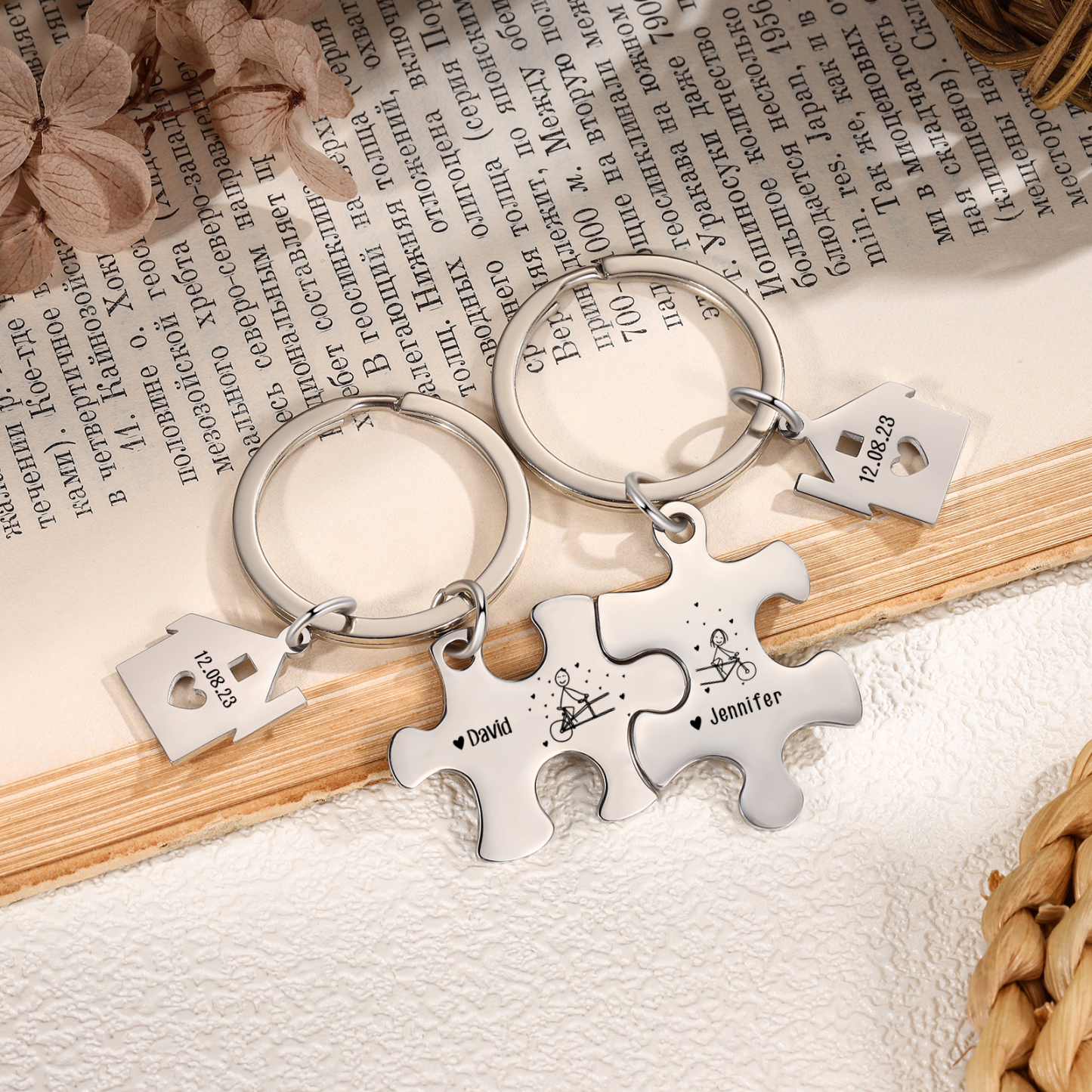 2 PCS Couple Keychain Set Custom 2 Names & Date Keyring Puzzle Keychains Valentine's Day Personalised Gift for Him/Her-Jessemade AU