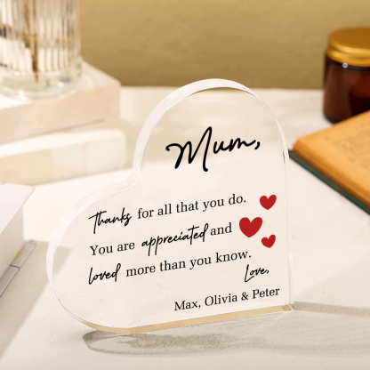 Personalised Acrylic Heart Keepsake Custom Text Ornaments Gifts - Mum, Thanks For All That You Do-Jessemade AU