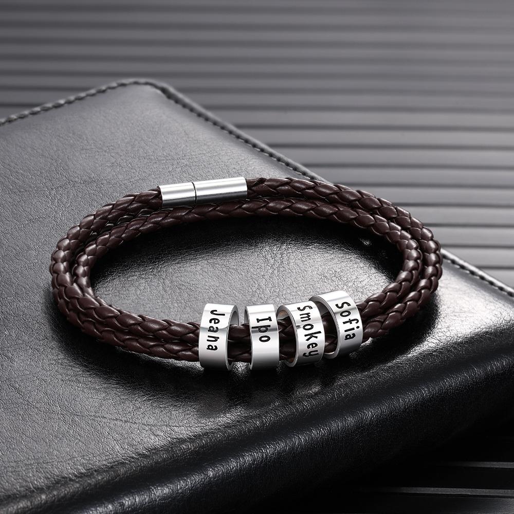 Braided Leather Personalised Name 4 Beads Men's Bracelets Gifts For Him Best Gift For Dad-Jessemade AU