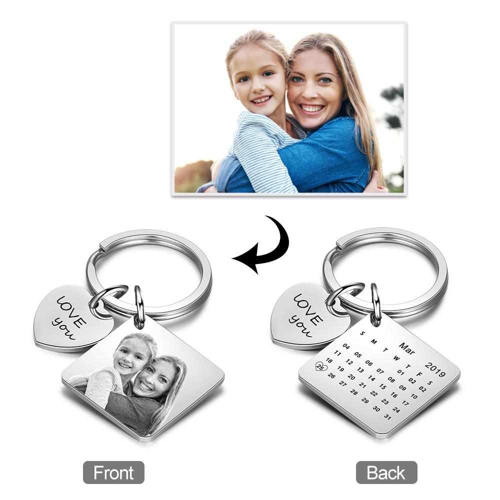 Photo Keychain Personalised with Calendar and Engraved Heart Charm Gifts for Her-Jessemade AU