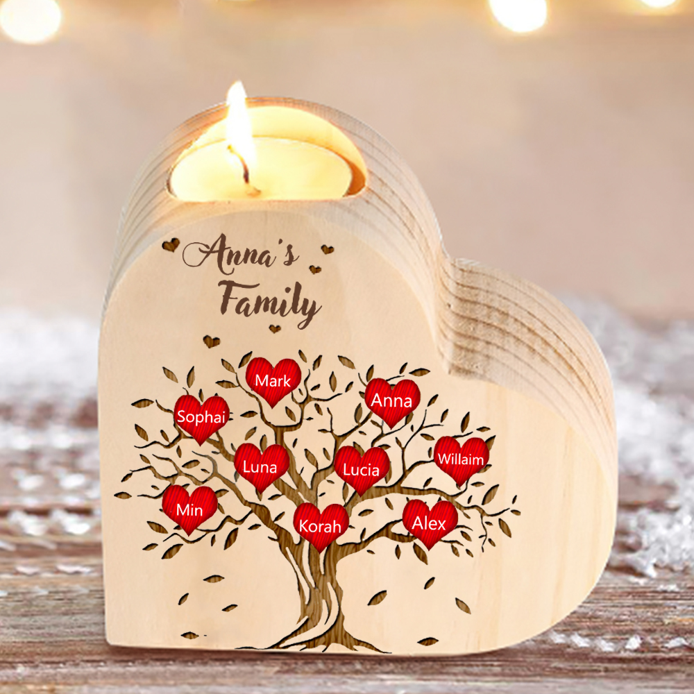 To My Family Wooden Heart Candle Holder Custom 9 Names Family Tree Candlesticks-Jessemade AU