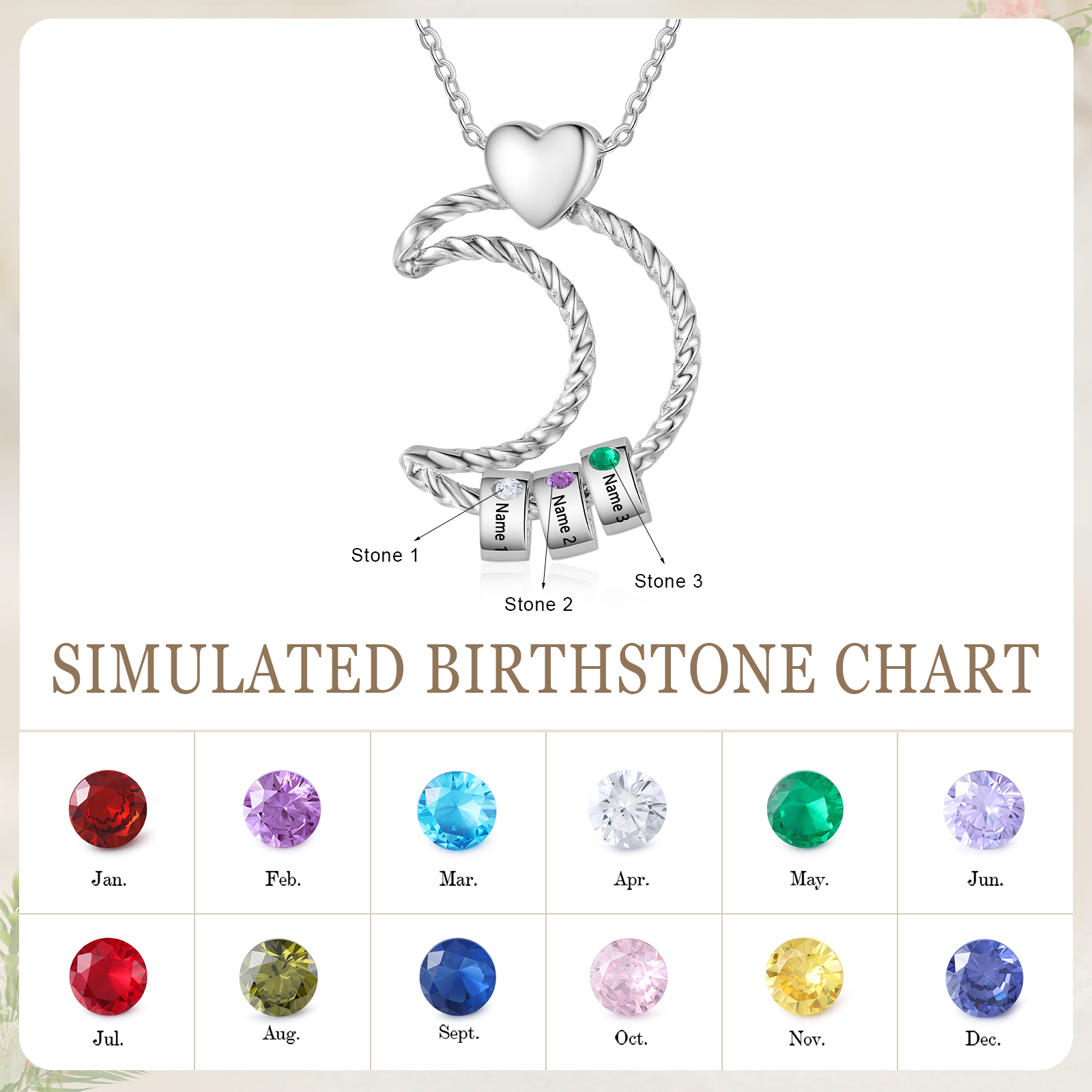 3 Names - Personalised Moon Pendant Necklace Custom Birthstones & Names Necklace Gift for Her-Jessemade AU