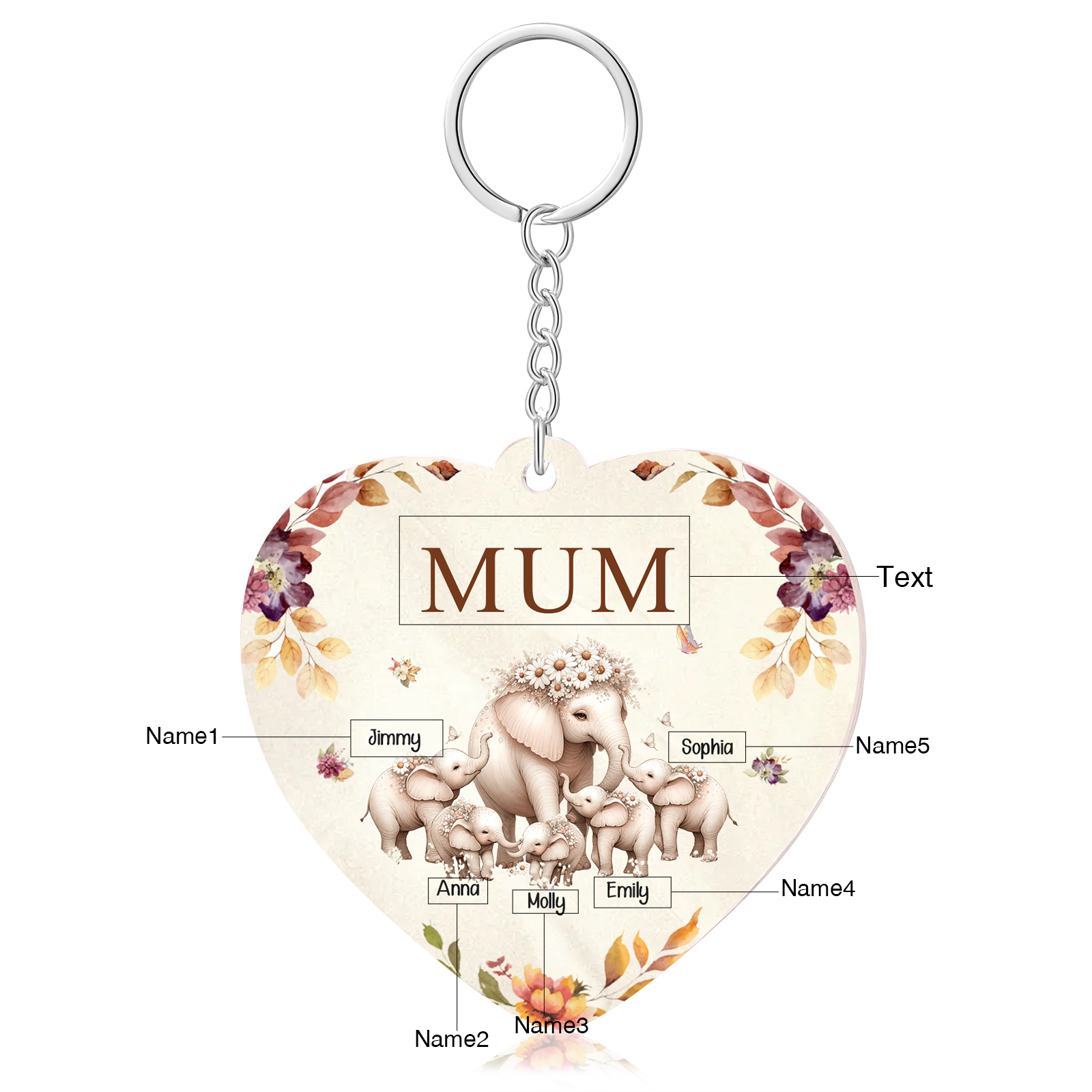 5 Names - Personalised Acrylic Keychain Custom 1 Text Elephant Family Hanging Ornaments Gift for Mum/Grandma-Jessemade AU