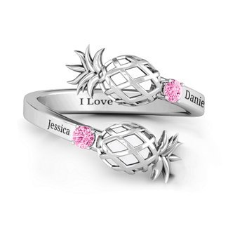 S925 Personalised Pineapple Ring With 2 Birthstones Engraved Names Ring Gift For Women-Jessemade AU