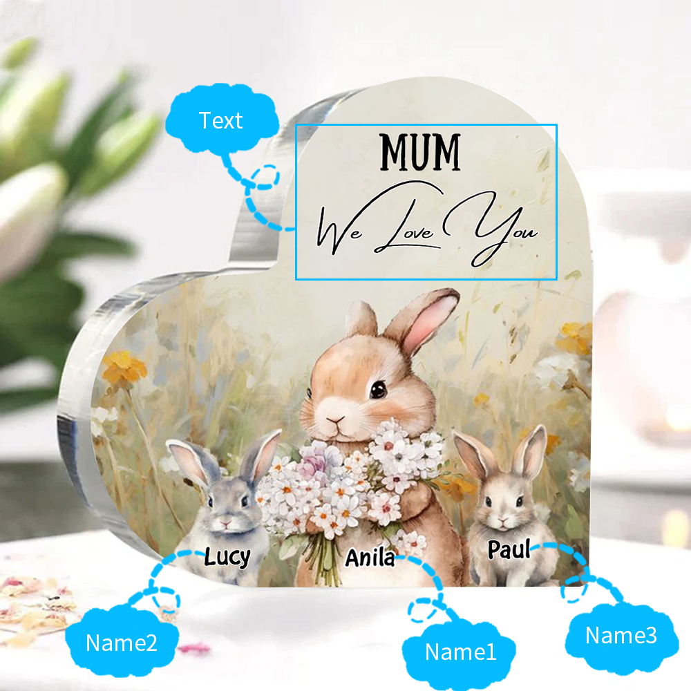 3 Names - Personalised Acrylic Heart Keepsake Custom Text Bunny Family Ornament Gift for Mother/Grandma-Jessemade AU
