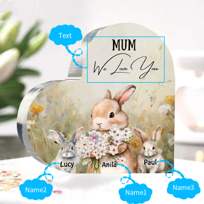 3 Names - Personalised Acrylic Heart Keepsake Custom Text Bunny Family Ornament Gift for Mother/Grandma-Jessemade AU
