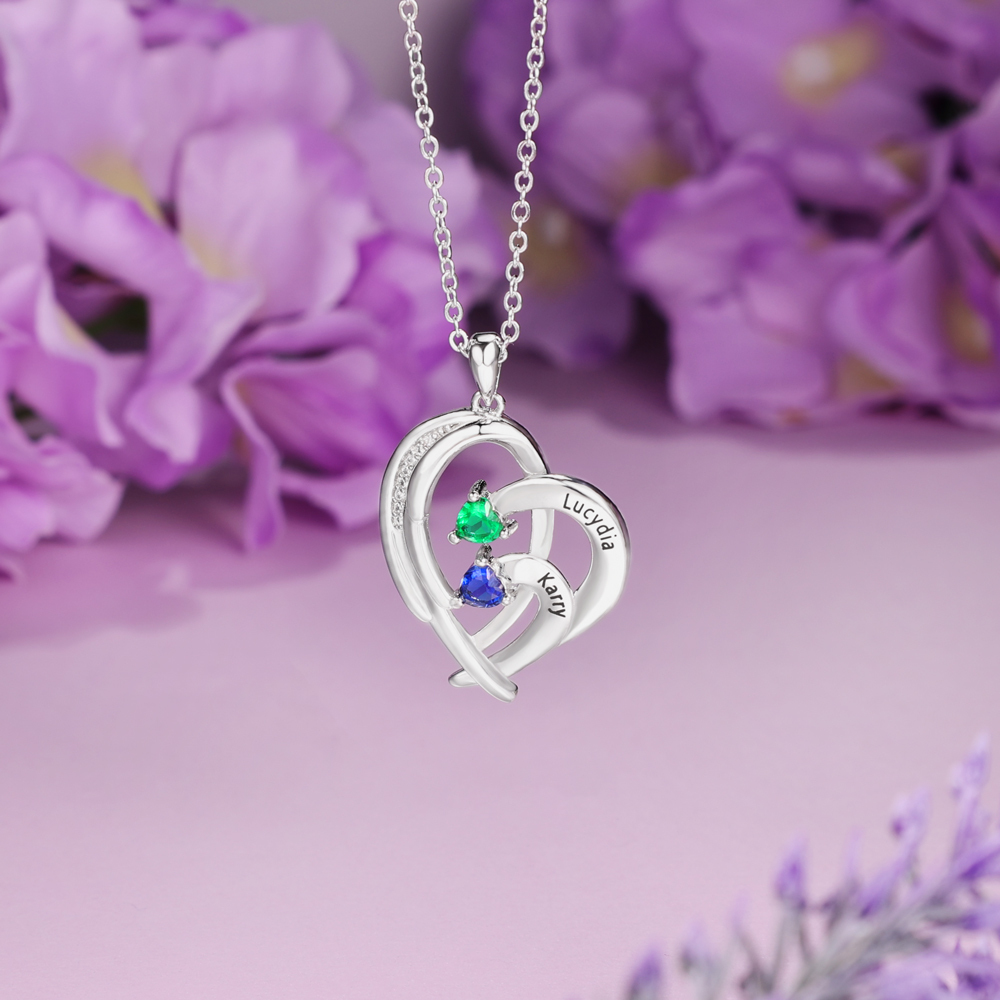 Personalised Heart Wings Necklace With 2 Birthstones Custom Names Necklace Gift For Her-Jessemade AU