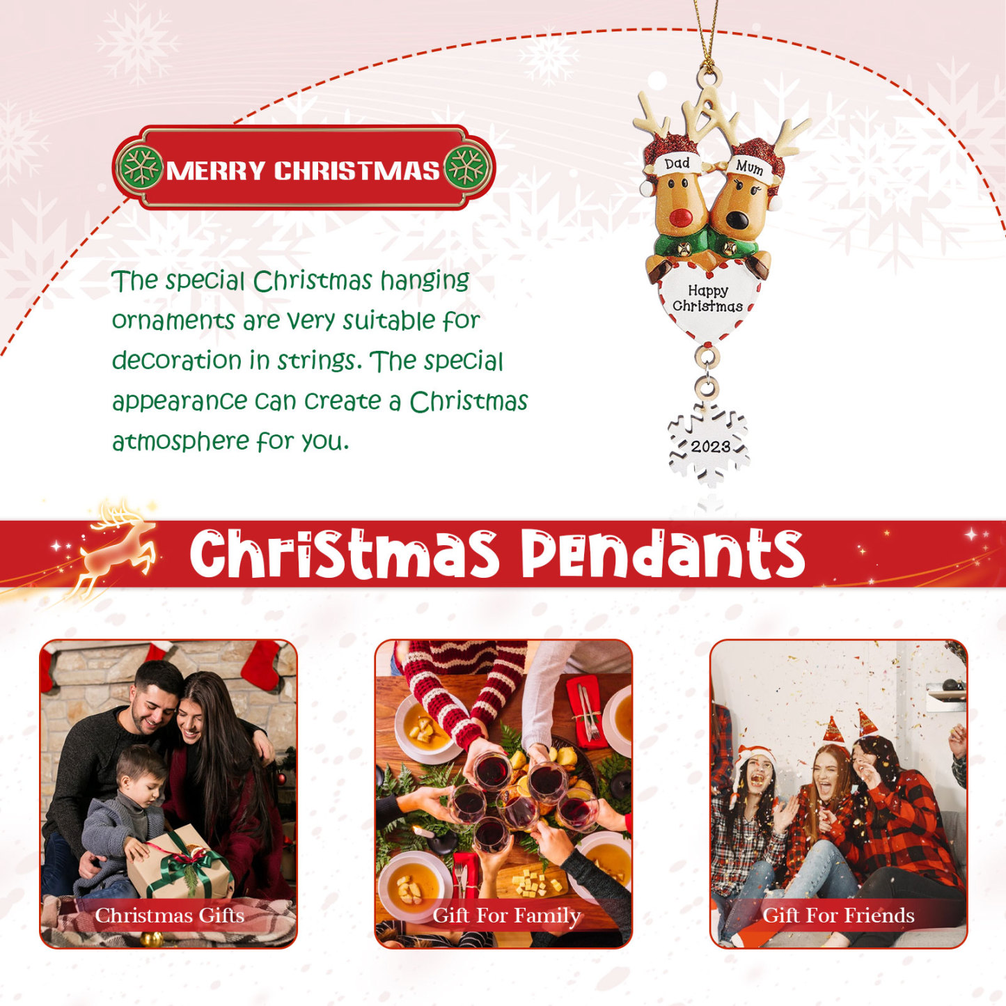 2 Names - Personalised Reindeer Christmas Ornament Customised Name & Text & Year Wooden Hanging Ornaments Christmas Gift for Family-Jessemade AU